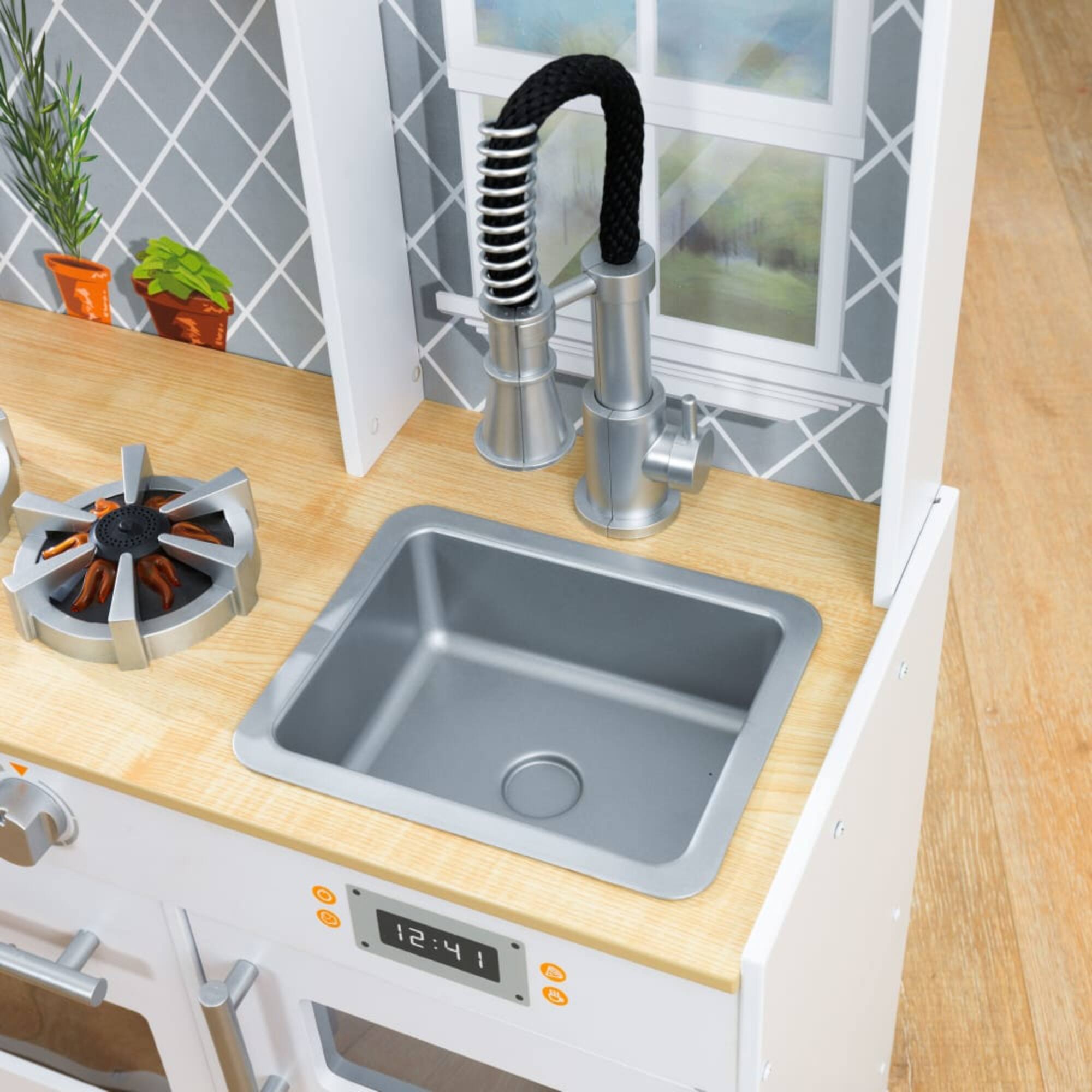 KidKraft Let's Cook Wooden Play Kitchen with Lights & Sounds & Pull-Down Faucet